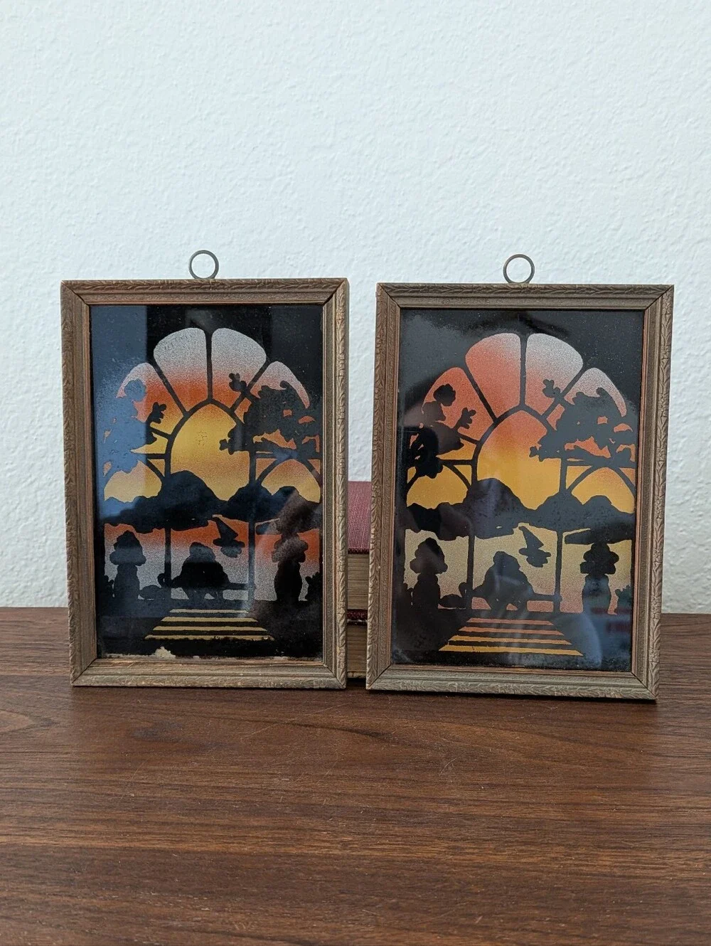 Vintage Set Reverse PaintedSilhouette Window Sunset Couple Lake